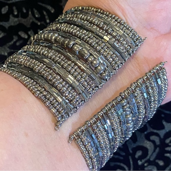 Multi sized pewter colored glass beaded cuff, GUC, 2 1/2”x 2 1/2” bold piece - Picture 2 of 6